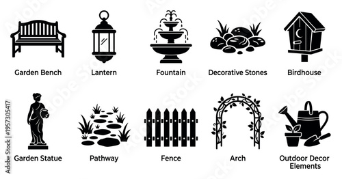 A collection of black silhouette icons depicting various garden decor elements like a bench, lantern, fountain, stones, birdhouse, statue, pathway, fence, arch, and watering can with shovel.