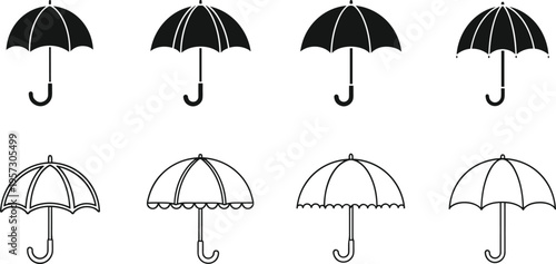 Umbrella icons set with various shapes and styles for weather protection and seasonal fashion design