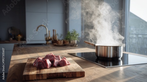 Pieces of raw red meat on a wooden board and a boiling pan on an induction hob - the cooking process.