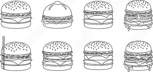 Burger line icon set featuring different layered cheeseburgers with lettuce tomato and sesame seeds