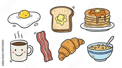 Delicious and Whimsical Breakfast Food Set Cute Hand-Drawn Cartoon Illustrations of Morning Favorites like Eggs, Pancakes, and Coffee