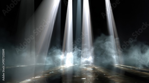 Bright spotlights penetrate the smoke and reflect on the stage surface. Theatrical atmosphere: streams of light and smoke create a dramatic effect.