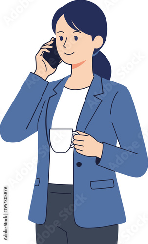 A woman in a blue blazer talking on her phone while holding a coffee cup