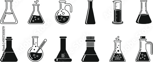 Laboratory glassware icon set chemistry flasks beakers and test tubes science research equipment art