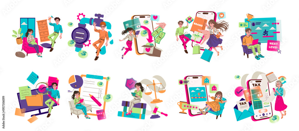 Fototapeta premium Diverse Business Activities Depicted in Vector Illustration