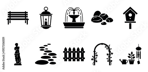 A collection of black silhouette icons representing various garden elements, including a bench, lantern, fountain, stones, birdhouse, statue, stepping stones, fence, arch, watering can.