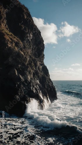 Wallpaper Mural Ocean waves crash against rugged cliffside on a sunny day with blue sky and white clouds in background, ideal for nature and travel promotions Torontodigital.ca