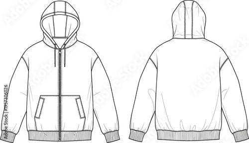 Fashion technical sketch of zip up hoodie sweatshirt with front and back views for clothing design