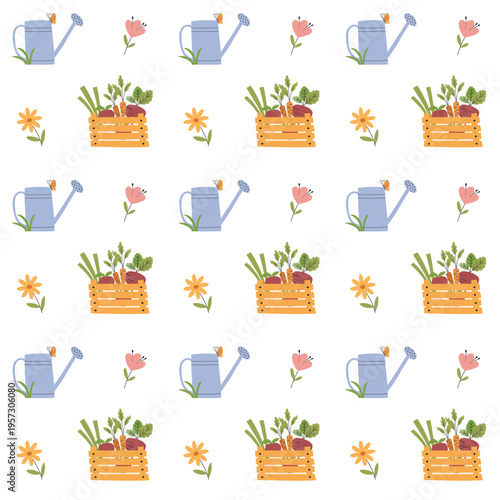 Hand drawn garden seamless pattern with crate of vegetables and watering can. Vector design of gardening blogs and organic product packaging.