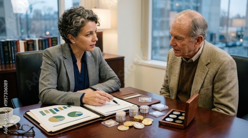 Business meeting between financial analyst and elderly client discussing investment options