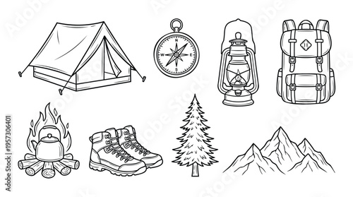 Collection of essential camping and outdoor adventure gear, featuring tents, backpacks, boots, and a campfire for wilderness exploration