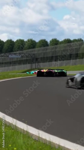 Wallpaper Mural Red sports car racing on a track with green grass and blue sky background Torontodigital.ca