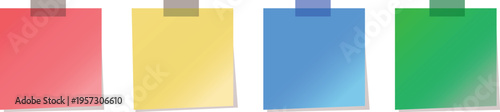 Four colorful sticky notes attached with tape on white background, copy space