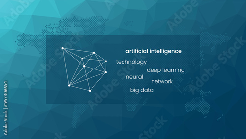 Artificial intelligence symbol. AI neural network machine deep learning processing big data analysis technology. Vector poly background. World map for global business, web design