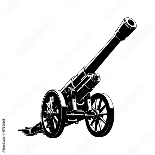 Vintage Cannon Illustration on White Background, Black and White.