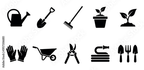 A collection of black silhouette icons representing essential gardening tools, perfect for representing gardening, landscaping, and outdoor activities.