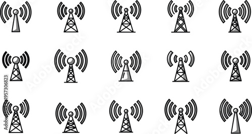 Radio tower icons for telecommunication network signal and wireless technology broadcast station set
