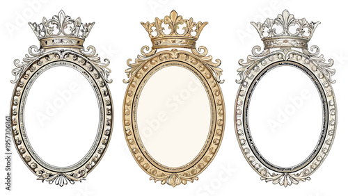 Three ornate oval frames with crown like tops gold and silver empty on white background elegant decorative luxurious