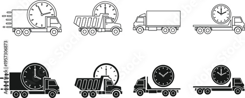 Delivery truck and clock icons for express shipping services and logistics time management symbols