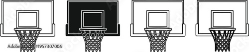Set of black outline basketball backboard and hoop icons with net on transparent background