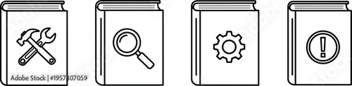 Manual books icons collection with tools magnifying glass gear and warning sign on covers for guide