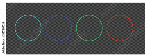 Set of four glowing neon circles in cyan, blue, green, and red colors on a dark transparent background