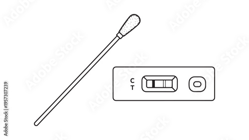 Professional vector illustration of a medical rapid antigen test kit and a nasal swab for diagnostic laboratory research and global healthcare industry supply chain management.