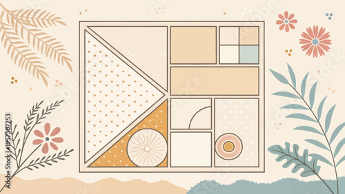 Simple geometric layout in light beige tones with subtle floral patterns and shapes
