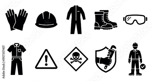 A collection of black and white icons representing various safety equipment and warning signs commonly used in the construction industry.