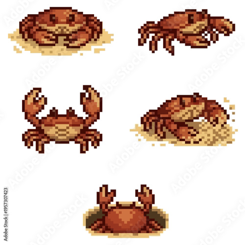 pixel art character spritesheet of a red crab featuring walking, defensive claw pose, digging, and hiding in sand hole animations.