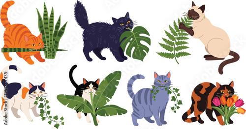 Cute Cat Vector Character Set Featuring Various Breeds Biting and Eating Houseplants and Flowers for Pet Care, Gardening, and Domestic Life Design Projects