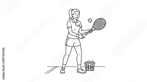 Female Tennis Player Practicing with Balls and Racket