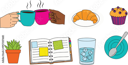 Everyday Lifestyle Objects Illustration Set Featuring Coffee Mugs Cheers, Croissant, Muffin, Plant, Open Notebook, Glass of Water and Breakfast Elements
