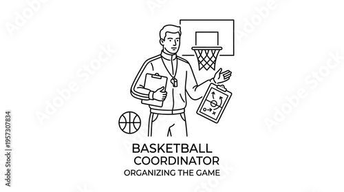 Basketball Coach with Clipboard and Tactics Line Art