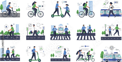 Sustainable urban transportation collection with cycling, walking, scooter and public transit eco friendly mobility vector illustration set