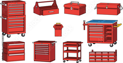Industrial Red Toolbox and Storage Cabinet Icon Set Featuring Rolling Tool Chests, Workbench Organizers, Metal Toolboxes, and Mechanic Workshop Equipment Illustrations