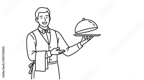 Smiling Waiter Presenting a Covered Dish