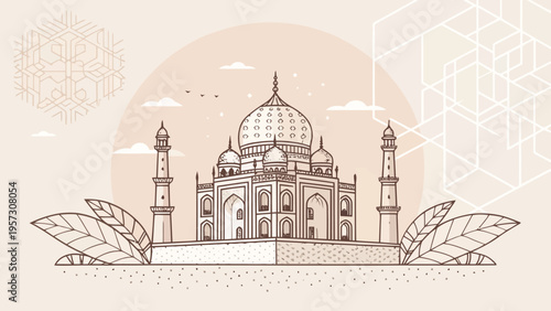 Monumental architecture taj mahal line art with geometric background and leaves