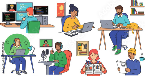 Modern Remote Work Lifestyle Illustration Featuring Diverse People Using Laptops, Freelancing, Online Communication, Digital Nomads, Home Office Productivity and Technology Concepts