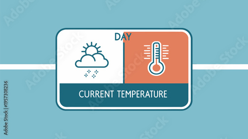 Weather icon with sun cloud and thermometer on a light blue background showing current temperature