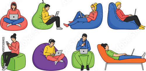 People Working on Laptops while Sitting on Bean Bags and Loungers Vector Set for Remote Work, Freelance, and Creative Office Lifestyle