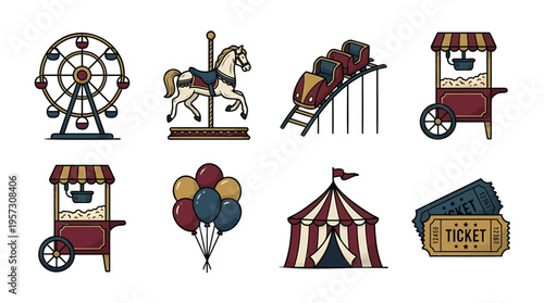Classic carnival and amusement park attractions vector set for festive fairground fun