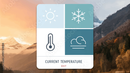 Weather forecast icons on mountain landscape background with temperature display