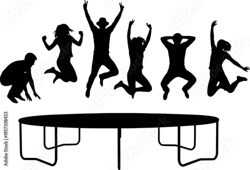 Silhouette of people jumping on a trampoline with friends in fun recreational activity