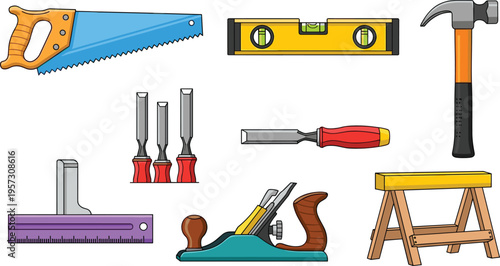 Professional Woodworking Hand Tools Vector Set Featuring Saw, Hammer, Spirit Level, Chisels, Planer, and Sawhorse for Carpentry Workshop, DIY Home Improvement, and Construction Projects
