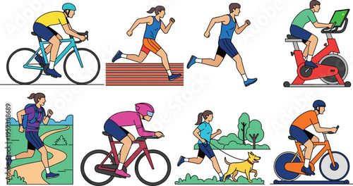 Set of Active People Icons Featuring Outdoor Cycling, Road Running, Indoor Stationery Bike Exercise, Trail Jogging, and Person Running with Dog for Fitness Designs