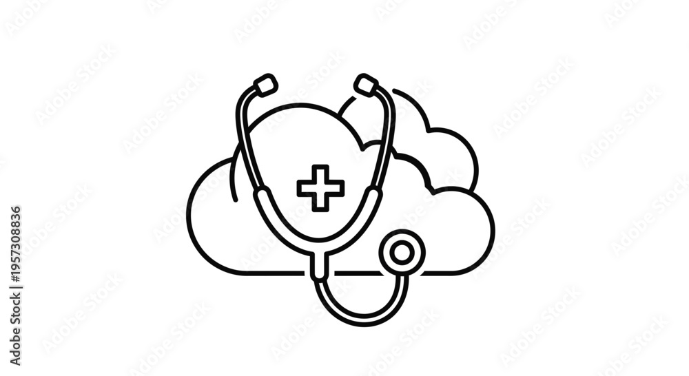 Obraz premium Cloud Healthcare Icon: Stethoscope and Medical Cross on Cloud