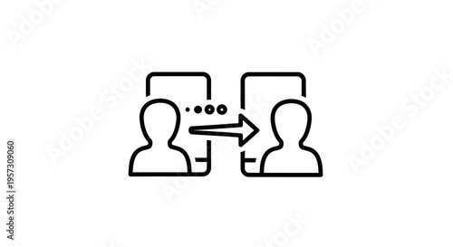 Data transfer between two people via smartphone icons, communication concept