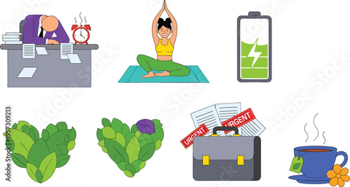 Workplace Stress and Wellness Icon Set with Burnout Employee at Desk, Yoga Meditation, Battery Energy Level, Urgent Business Briefcase, and Herbal Tea Illustrations