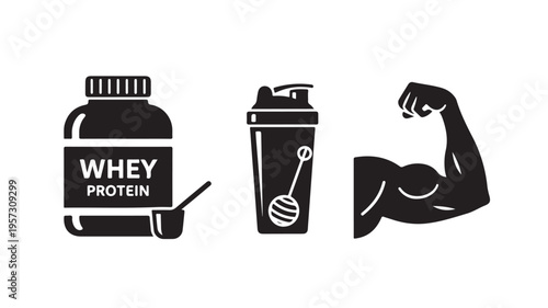 Whey Protein Supplement Bottle And Shaker With Flexed Arm For Fitness Concepts